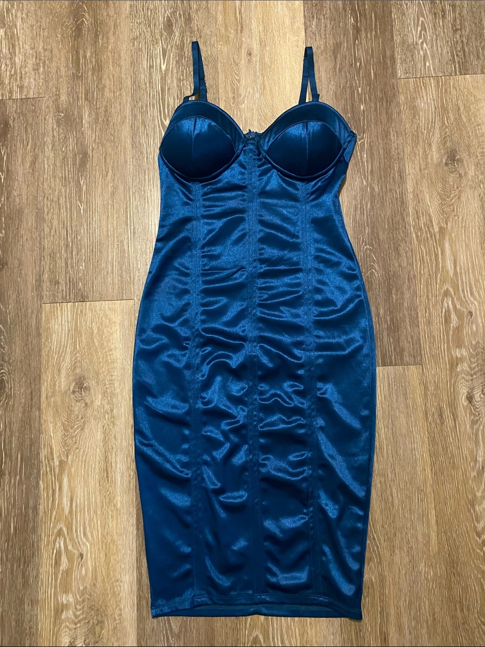 Revamped Teal Satin Midi Dress with Molded Cups